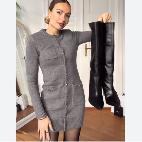 ZARA WOMAN GRAY KNIT POCKET MINI DRESS Gold buttons Long sleeves 3920/031 S NWT - Picture 6 of 13